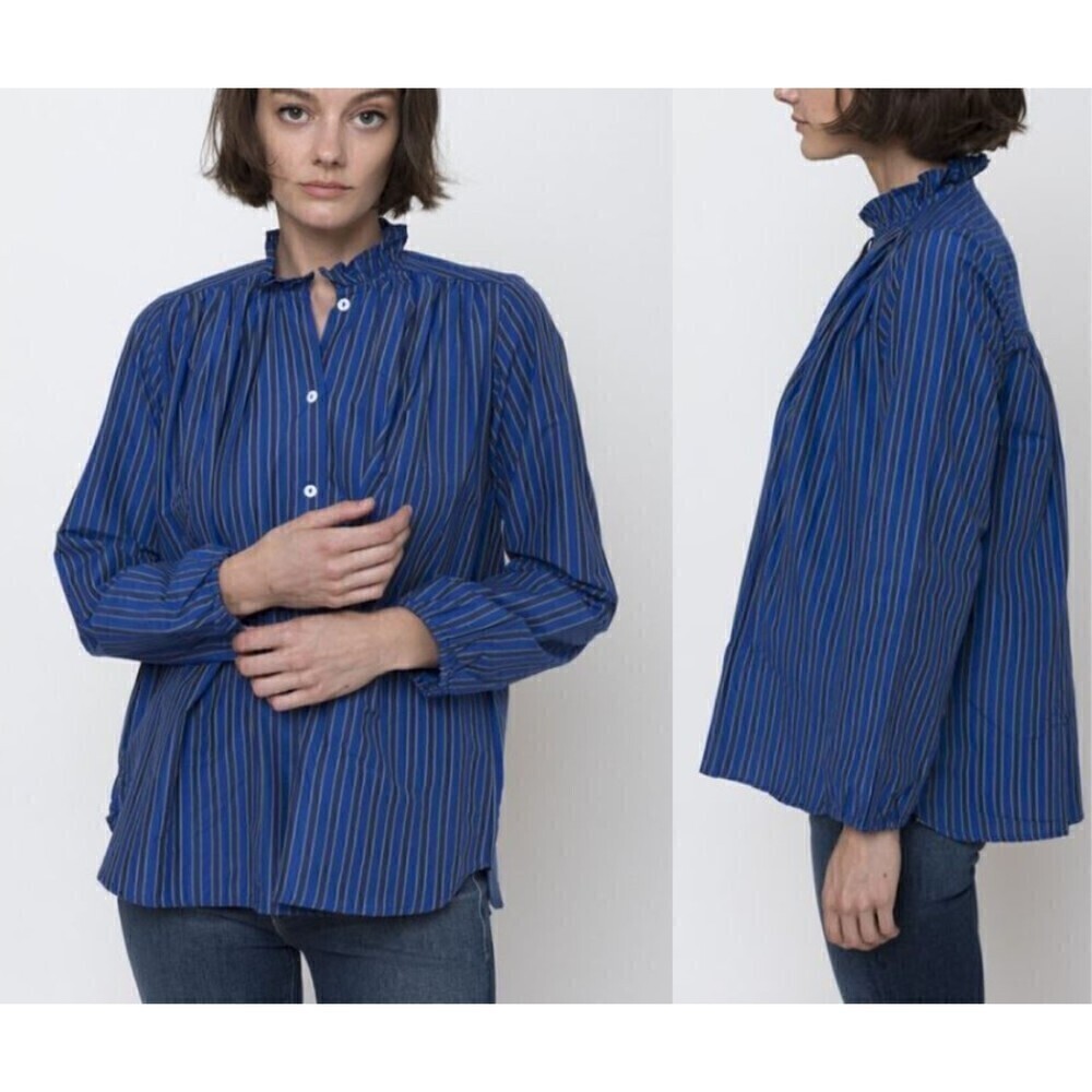 Mille Francesca Women Cotton Blue Striped Button Down Ruffle NEW Peasant Blouse